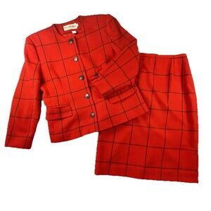 JH Collectibles Red & Black 100% Pure Wool Blazer Jacket Skirt 2 Piece Set 8
